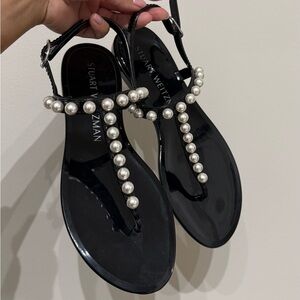 Stuart Weitzman Black Sandals with Pearl Accents
